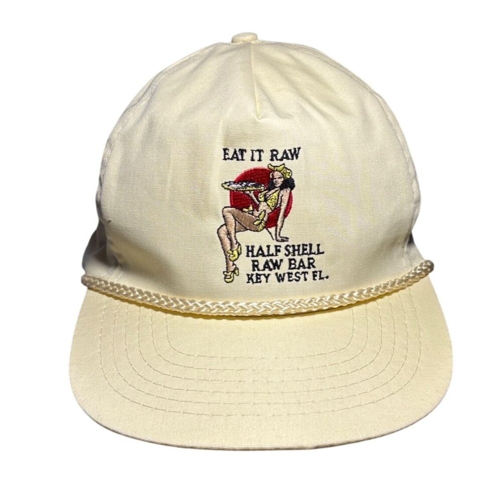 Vintage Half Shell Raw Bar Key West FL Cap W/ Chain Strap Adjustable Eat It Raw
